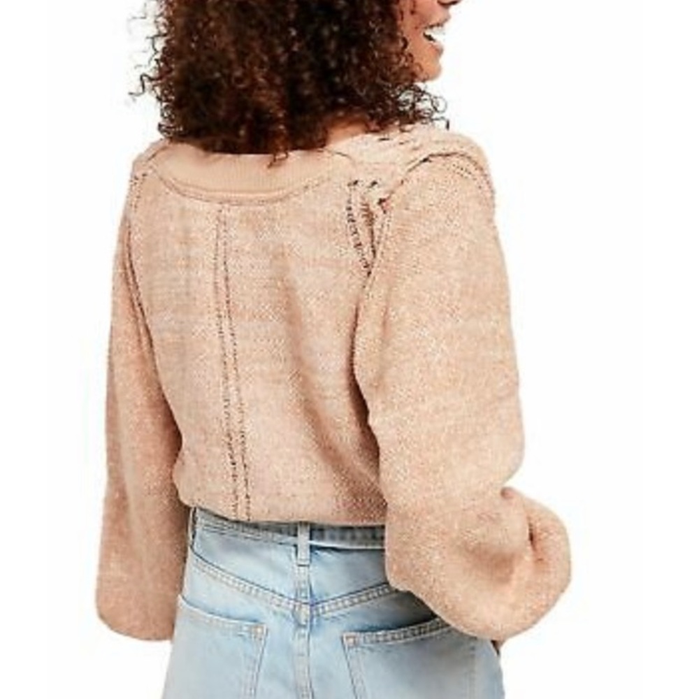 Free People Beige Pink Sand Combo Textured Long Sleeve V Neck Sweater - Picture 2 of 12